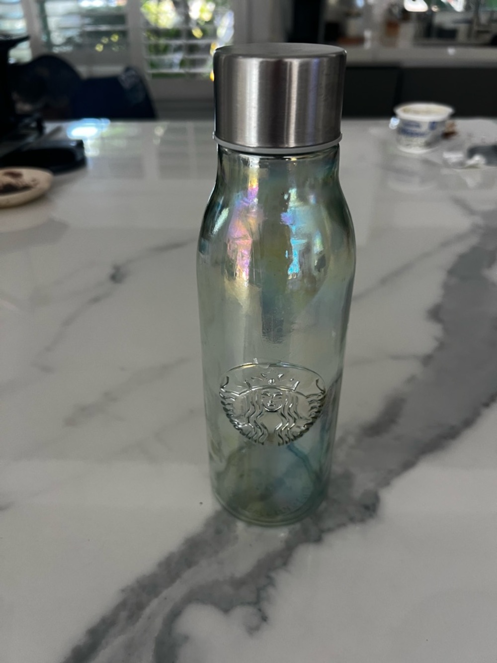 Starbucks Iridescent Glass Bottle in Blue and Green with Stainless Cap